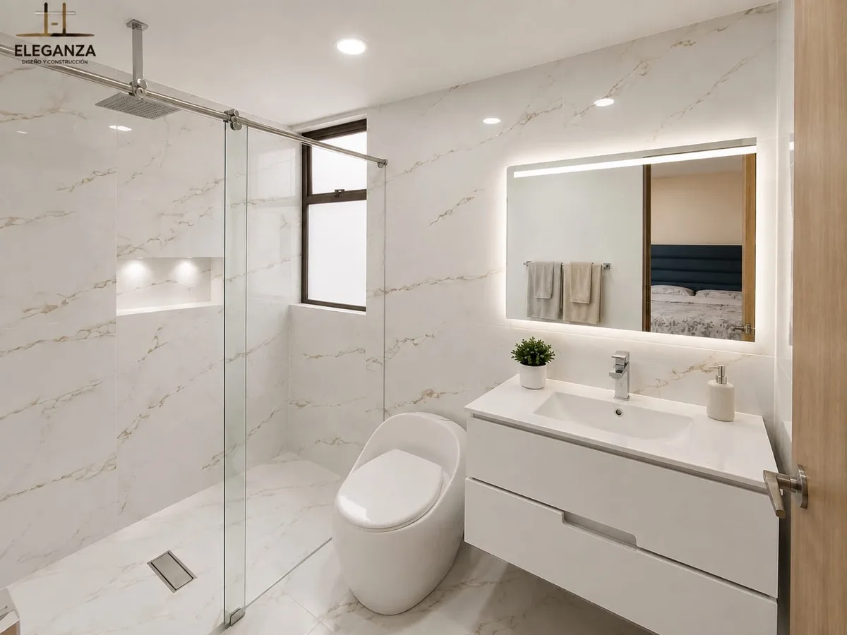 Baño en mármol con ducha corrediza y sanitario inteligente