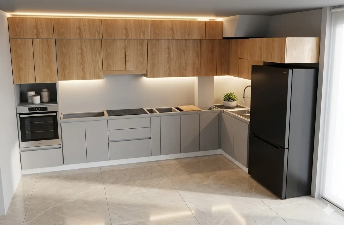 Cocina integral gris claro en l apartamento