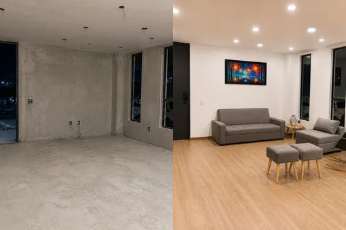 Antes y después del mismo espacio: obra gris y sala terminada